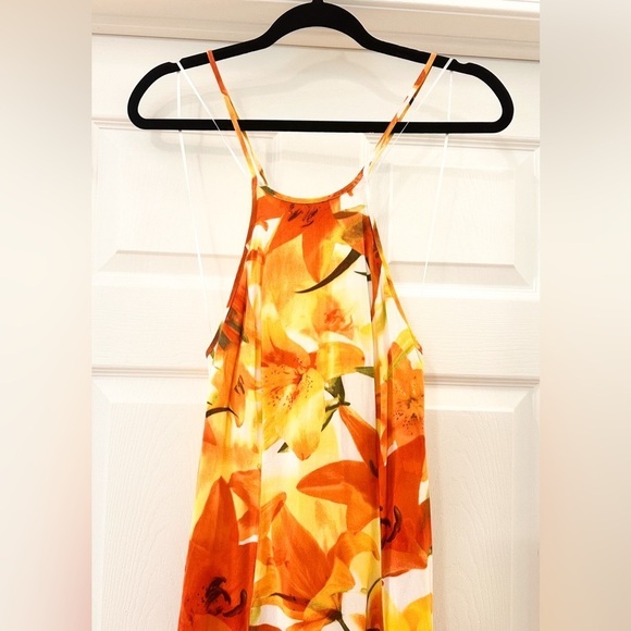 Guess Halter Neck Open Back Tropical Orange Floral Front Slit Maxi Dress sz 0 - Picture 6 of 14